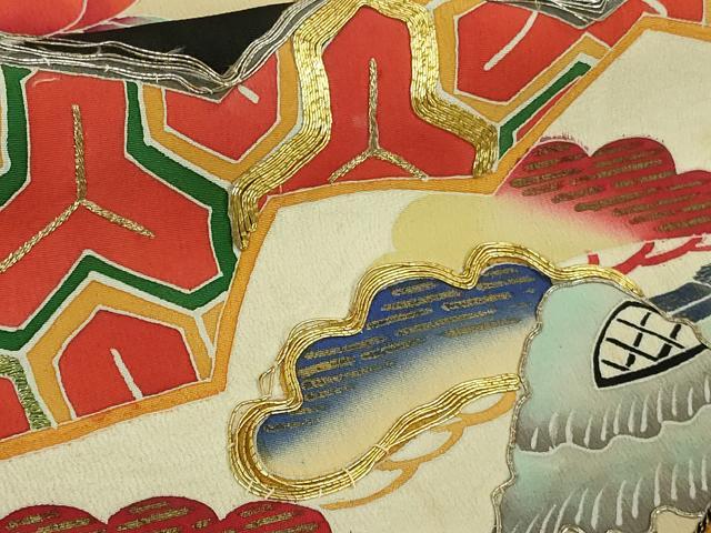 平和屋着物●極上 アンティーク 大正ロマン 振袖 駒刺繍 扇面吉祥花文 黒地 金銀糸 逸品 DZAB2486kh6