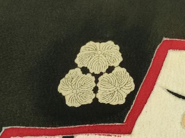平和屋着物●極上 アンティーク 大正ロマン 振袖 駒刺繍 扇面吉祥花文 黒地 金銀糸 逸品 DZAB2486kh6