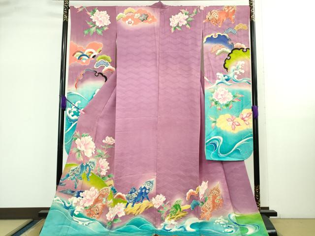 平和屋本店●極上 アンティーク 大正ロマン 振袖 手描き 唐獅子 暈し染め 金彩 逸品 DZAB2487kh6