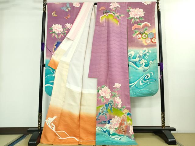 平和屋本店●極上 アンティーク 大正ロマン 振袖 手描き 唐獅子 暈し染め 金彩 逸品 DZAB2487kh6