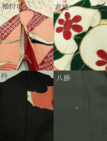 平和屋着物●極上 アンティーク 大正ロマン 振袖 檜扇花文 黒地 金彩 逸品 DZAB2489kh6
