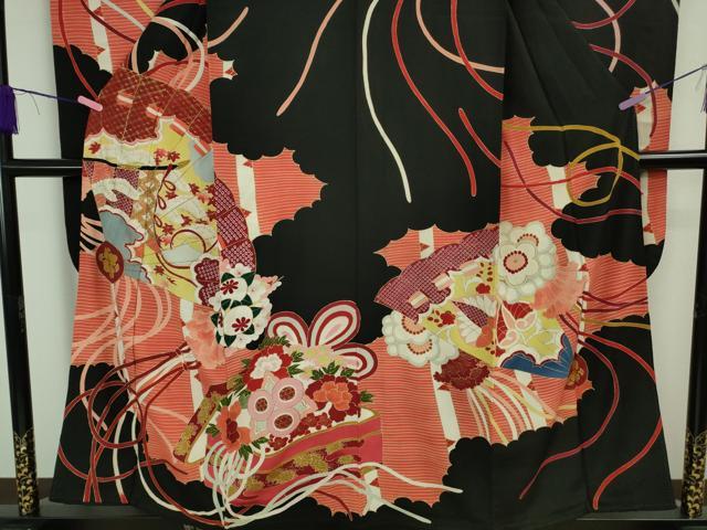 平和屋着物●極上 アンティーク 大正ロマン 振袖 檜扇花文 黒地 金彩 逸品 DZAB2489kh6
