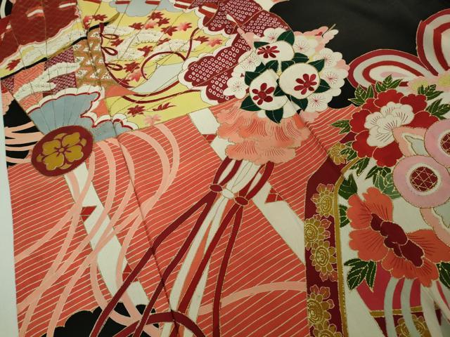 平和屋着物●極上 アンティーク 大正ロマン 振袖 檜扇花文 黒地 金彩 逸品 DZAB2489kh6