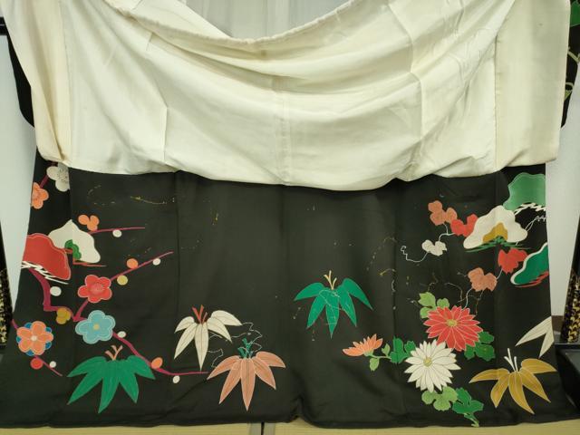 平和屋着物●極上 アンティーク 大正ロマン 振袖 駒刺繍 松笹花文 黒地 逸品 DZAB2491kh6