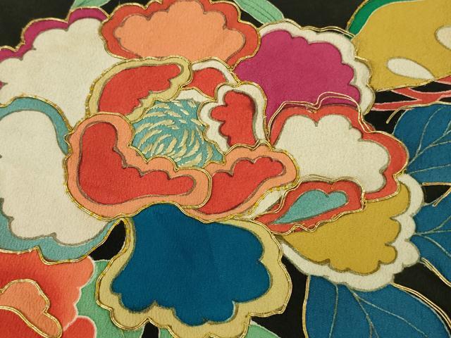 平和屋着物●極上 アンティーク 大正ロマン 振袖 駒刺繍 松笹花文 黒地 逸品 DZAB2491kh6