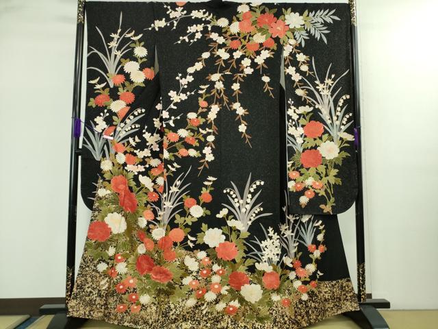 平和屋本店●極上　中国三大刺繍　スワトウ刺繍　汕頭刺繍　振袖　草花文　黒地　金糸　銀通し地　逸品　DZAB2497kh6 平和屋本店○極上 中国三大刺繍 スワトウ刺繍 汕頭刺繍 振袖 草花文