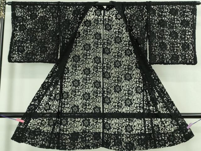 平和屋着物▽極上 長羽織 スリーシーズン 春夏秋 塵除け レース 花唐草文 黒地 逸品 DZAB2517kh6