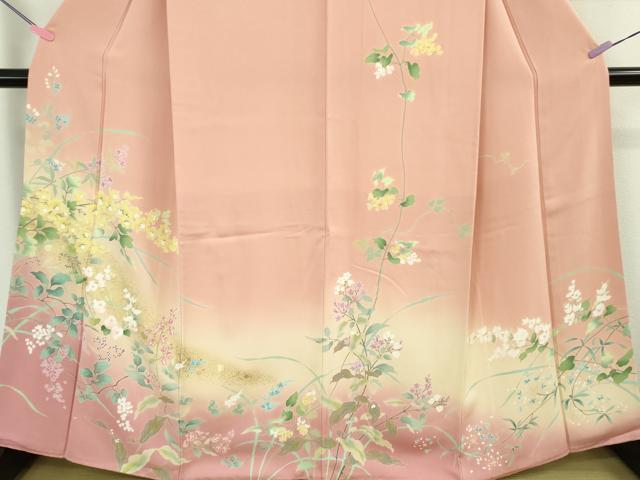平和屋着物●極上 訪問着 友禅 四季花文 珊瑚色地 暈し染め 金彩 逸品 DZAB2527kh6