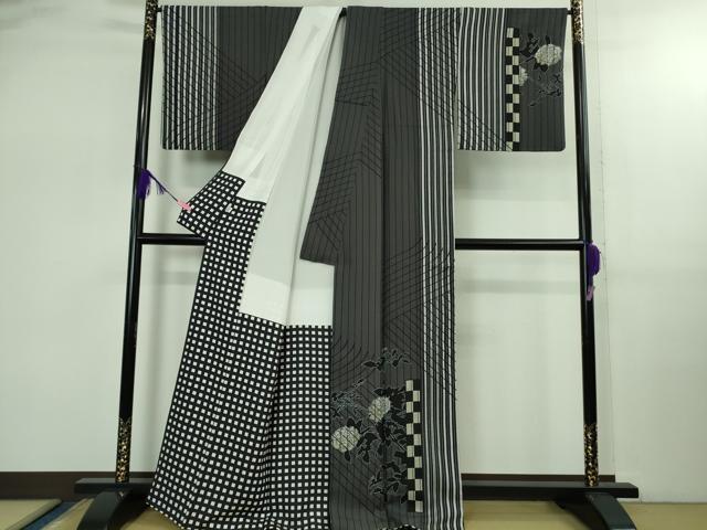 平和屋本店●極上 キモノデザイナー 斉藤上太郎 訪問着 お召地 薔薇 幾何学間道 逸品 DZAB2550kh6