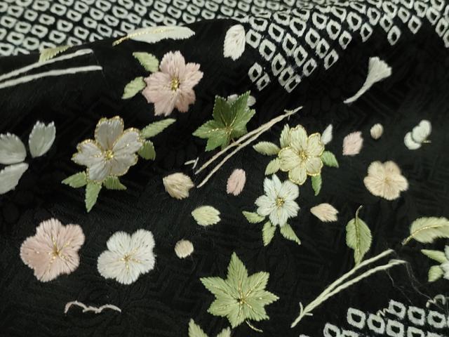 平和屋着物●極上 訪問着 絞り 刺繍 道長吹寄せ花文 黒地 金糸 ロング丈 逸品 未使用 DZAB2564kh6