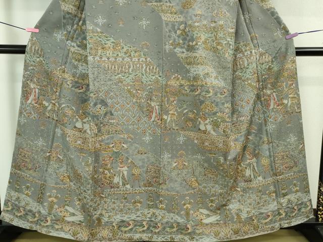 平和屋本店●極上 中国三大刺繍 スワトウ刺繍 汕頭刺繍 訪問着 エジプト壁画文様 灰青色地 金糸 逸品 DZAB2580kh6