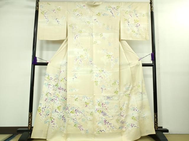 平和屋本店▽極上 訪問着 単衣 駒刺繍 枝花文 鳥の子色地 金彩 逸品 DZAB2588kh6