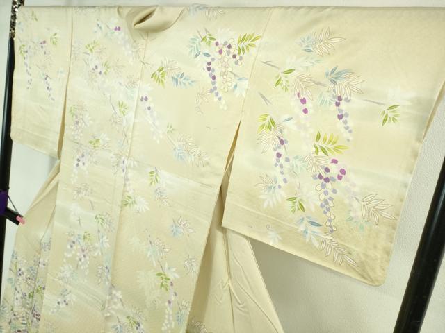 平和屋本店▽極上 訪問着 単衣 駒刺繍 枝花文 鳥の子色地 金彩 逸品 DZAB2588kh6