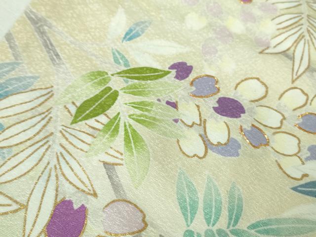 平和屋本店▽極上 訪問着 単衣 駒刺繍 枝花文 鳥の子色地 金彩 逸品 DZAB2588kh6