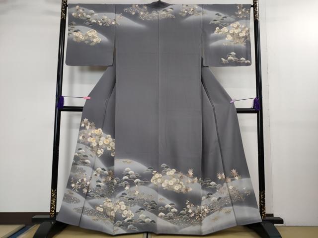 平和屋着物●極上 訪問着 駒刺繍 吉祥花文 薄い鉄御納戸色地 暈し染め 金彩 反端付き 逸品 DZAB2589kh6