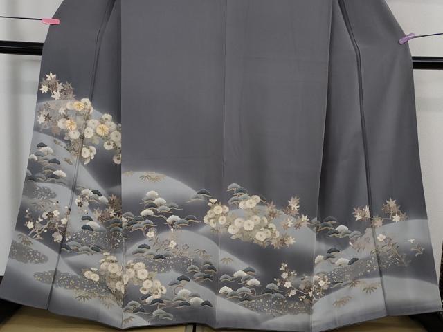 平和屋着物●極上 訪問着 駒刺繍 吉祥花文 薄い鉄御納戸色地 暈し染め 金彩 反端付き 逸品 DZAB2589kh6