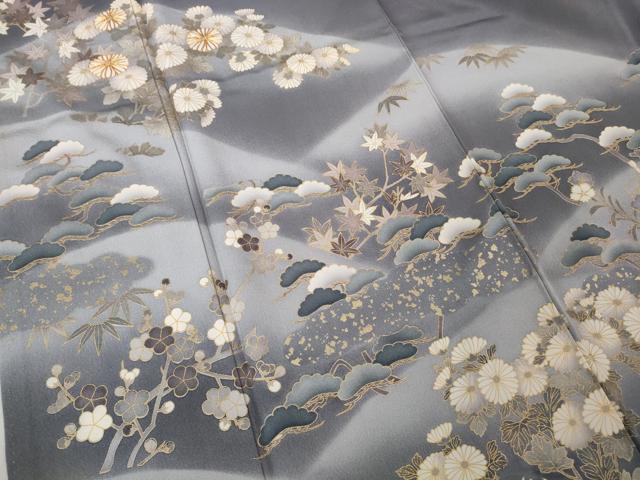 平和屋着物●極上 訪問着 駒刺繍 吉祥花文 薄い鉄御納戸色地 暈し染め 金彩 反端付き 逸品 DZAB2589kh6