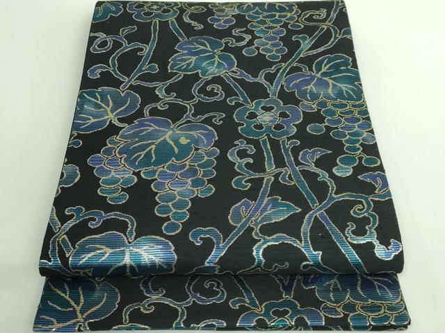 平和屋着物●極上 六通柄袋帯 葡萄蔦の葉文 黒地 金糸 逸品 DZAB2611kh6