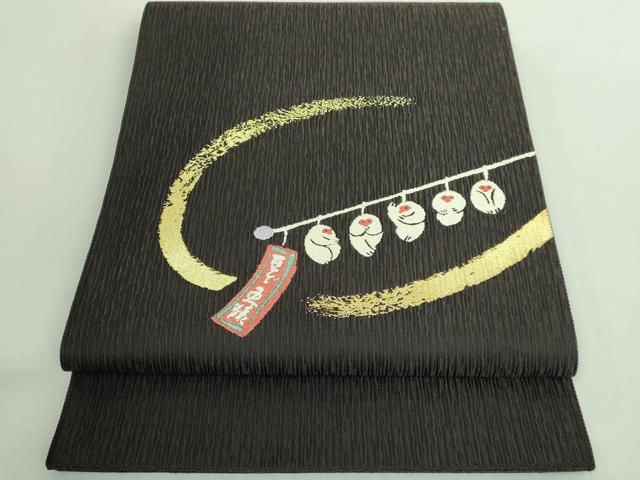 平和屋着物●極上 太鼓柄袋帯 豆ざる 黒地 金糸 逸品 DZAB2616kh6