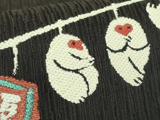 平和屋着物●極上 太鼓柄袋帯 豆ざる 黒地 金糸 逸品 DZAB2616kh6