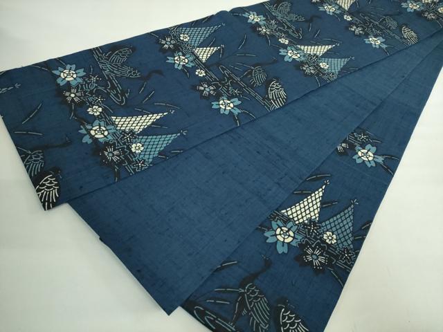 平和屋本店●極上 本場琉球紅型 六通柄袋帯 紬地 藍型 風景文 逸品 DZAB2626kh6