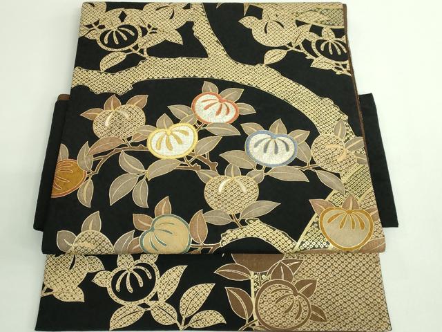 平和屋着物●極上 染織の名門 しょうざん つけ帯 刺繍 橘 黒地 金糸 逸品 DZAB2644kh6