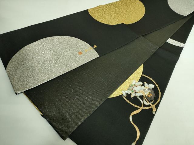平和屋本店●極上 太鼓柄袋帯 螺鈿 竹珠庵 風神・雷神 黒地 金銀糸 逸品 DZAB2665kh6
