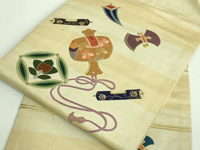 平和屋着物●極上 アンティーク 大正ロマン 九寸名古屋帯 総刺繍 宝尽くし 金糸 逸品 DZAB2669kh6