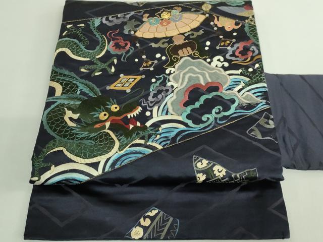 平和屋着物●極上 アンティーク 大正ロマン 九寸名古屋帯 引き抜き帯 総手刺繍 龍 宝尽くし 金糸 逸品 DZAB2670kh6