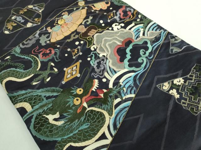 平和屋着物●極上 アンティーク 大正ロマン 九寸名古屋帯 引き抜き帯 総手刺繍 龍 宝尽くし 金糸 逸品 DZAB2670kh6