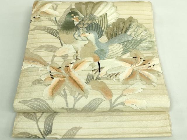 平和屋本店●極上 アンティーク 大正ロマン 丸帯 引き抜き帯 総手刺繍 鳩 百合 金銀糸 逸品 DZAB2671kh6