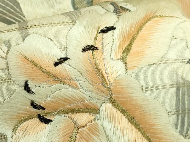 平和屋本店●極上 アンティーク 大正ロマン 丸帯 引き抜き帯 総手刺繍 鳩 百合 金銀糸 逸品 DZAB2671kh6
