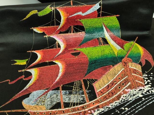 平和屋着物●極上 アンティーク 大正ロマン 九寸名古屋帯 手描き 船 黒地 逸品 DZAB2673kh6