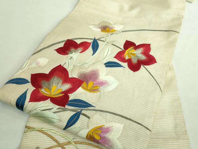 平和屋着物●極上 アンティーク 大正ロマン 九寸名古屋帯 総手刺繍 草花文 銀糸 逸品 DZAB2675kh6