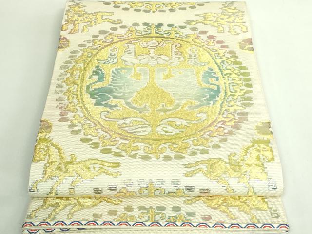 平和屋本店＊希少　夏物　龍村平蔵製　六通柄　本袋帯　円文白虎錦　金銀糸　逸品　DZAB2679kh6 平和屋本店＊希少 夏物 龍村平蔵製 六通柄 本袋帯 円文白虎錦 金銀糸