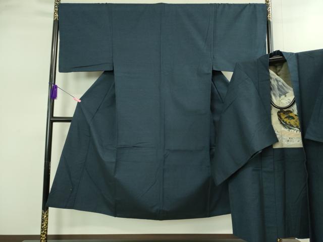 平和屋着物■極上 男性 紬 アンサンブル 長羽織 色無地 濃藍色 逸品 DZAB2705kh6