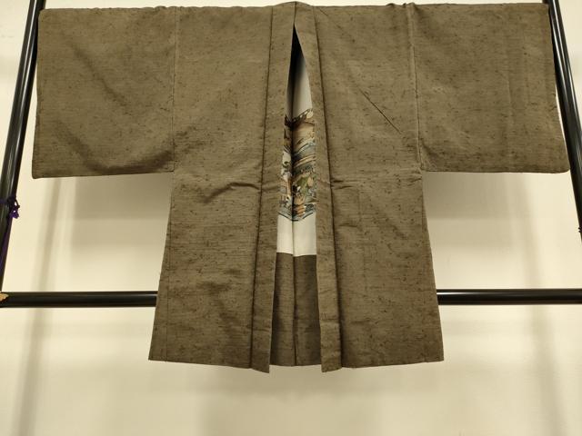 平和屋着物■極上 男性 紬 アンサンブル キングサイズ 長羽織・髭紬 濃い黄枯茶色 逸品 DZAB2708kh6