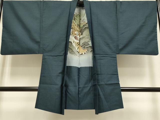 平和屋着物■極上 男性 紬 アンサンブル 長羽織 亀甲柄 羽裏・虎 逸品 DZAB2717kh6