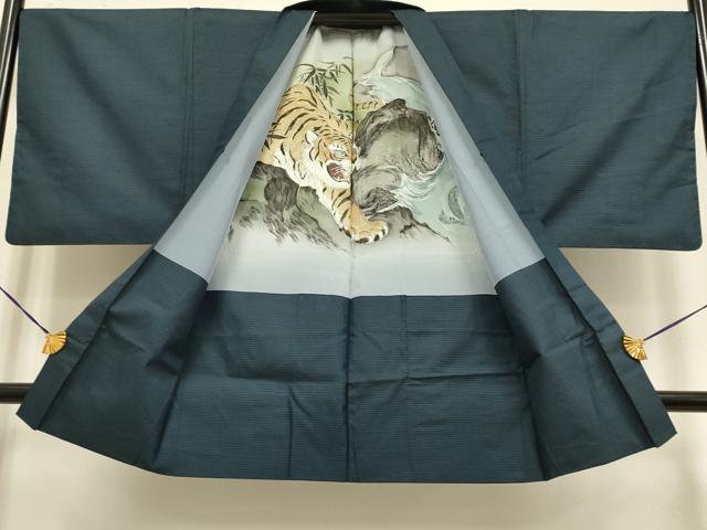 平和屋着物■極上 男性 紬 アンサンブル 長羽織 亀甲柄 羽裏・虎 逸品 DZAB2717kh6