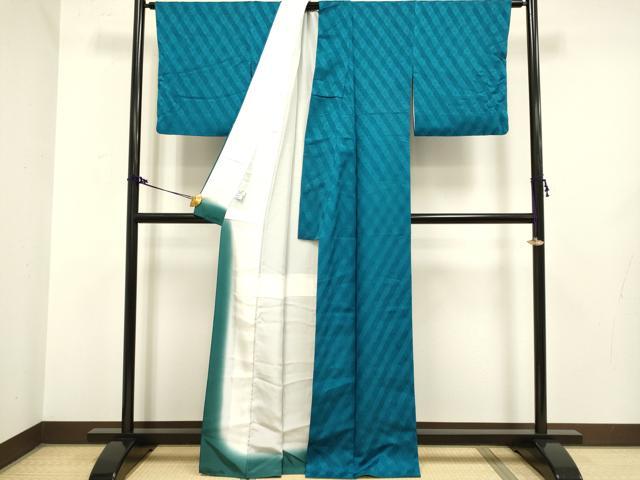 平和屋着物●極上 BANKANわものや 色無地 花菱地紋 濃い花浅葱色 反端付き 逸品 DZAB2738kh6