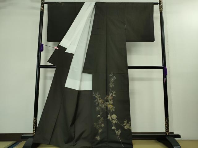 平和屋着物●極上 本場染大島紬 訪問着 手描き 枝花文 黒地 逸品 DZAB2786kh6