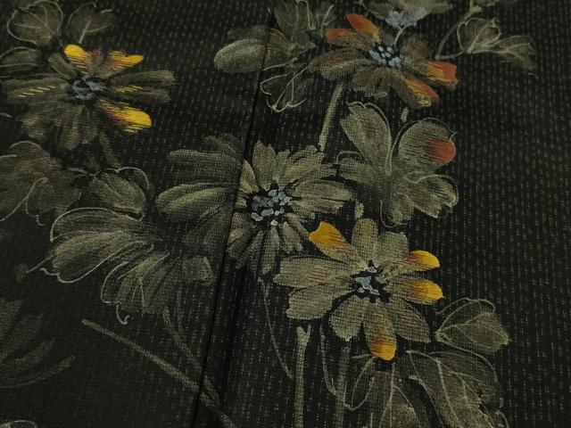 平和屋着物●極上 本場染大島紬 訪問着 手描き 枝花文 黒地 逸品 DZAB2786kh6