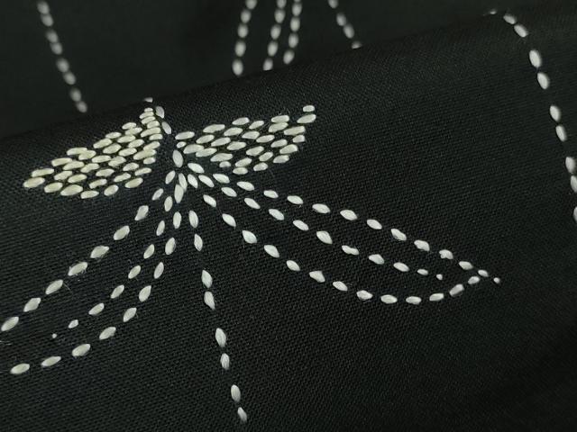 平和屋着物●極上 訪問着 紬 刺し子 総刺繍 人物 蓑笠 枝垂れ柳 黒地 逸品 DZAB2792kh6