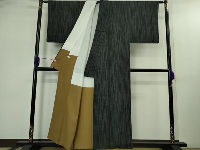 平和屋着物●極上 結城縮 染の近江謹製 縞 黒地 結城屋 証紙付き 逸品 DZAB2796kh6