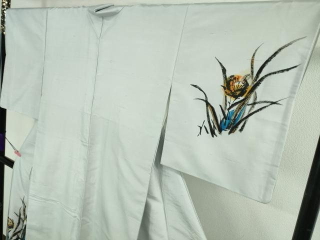 平和屋着物●極上 日本画家 雲龍子月山 訪問着 白山紬地 手描き 草花文 月白色地 逸品 DZAB2808kh6