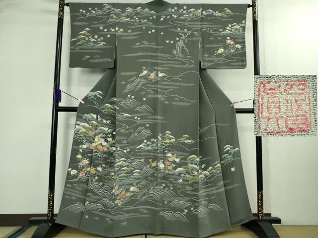 平和屋本店●極上　名門・上野家　四代目 上野真　訪問着　御所解文　藍墨茶色地　鬼しぼ縮緬　逸品　DZAB2846kh6 平和屋本店○極上 名門・上野家 四代目 上野真 訪問着 御所解