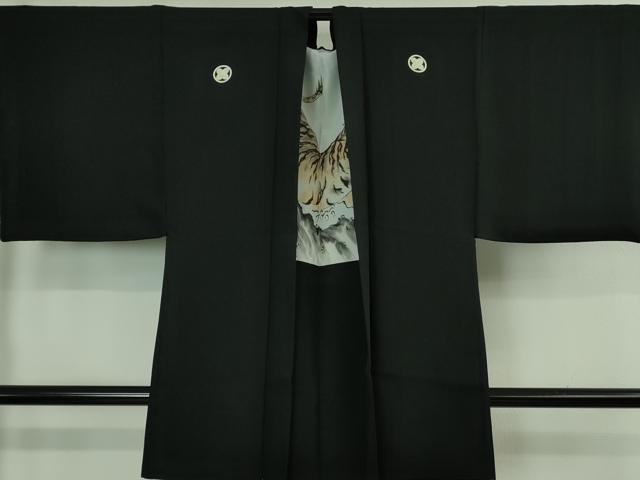 平和屋着物#極上 男性 黒紋付長羽織 羽裏・虎 逸品 DZAB2849kh6