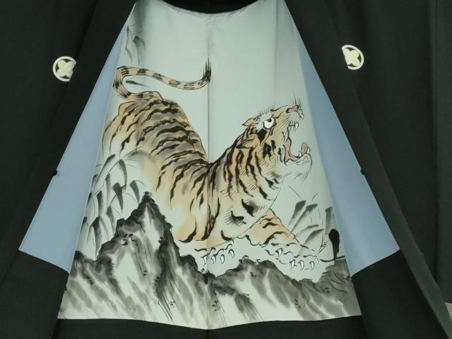 平和屋着物#極上 男性 黒紋付長羽織 羽裏・虎 逸品 DZAB2849kh6