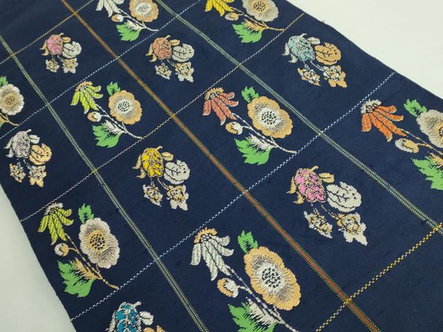平和屋本店●最高級 龍村平蔵製 太鼓柄 本袋帯 モール草花 金銀糸 濃い紺色地 逸品 DZAB2854kh6
