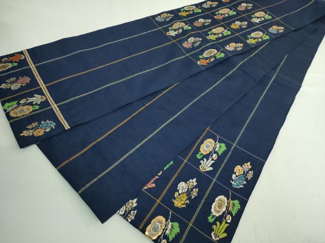 平和屋本店●最高級 龍村平蔵製 太鼓柄 本袋帯 モール草花 金銀糸 濃い紺色地 逸品 DZAB2854kh6